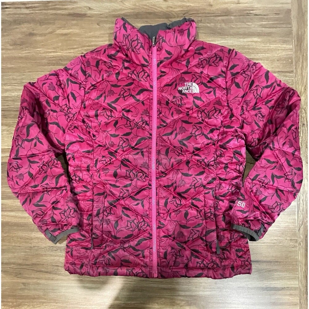 The North Face 550 Down Jacket Girls Medium 10/12 Red Floral Quilted Winter Snow
